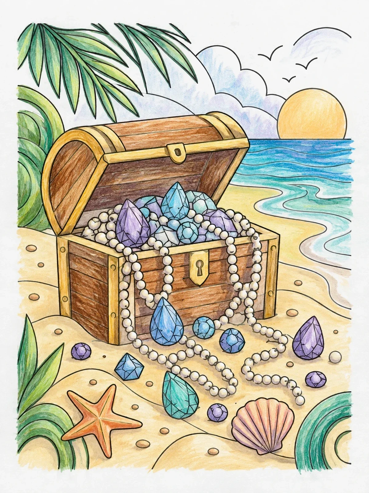 Colored example of the Treasure Chest On Tropical Beach coloring page