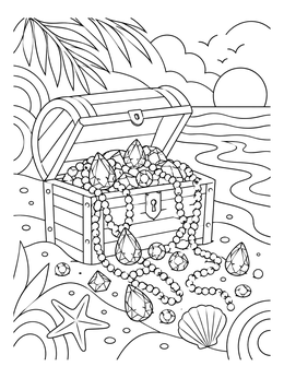 An overflowing treasure chest on a beach sets the scene for this jewels coloring page.