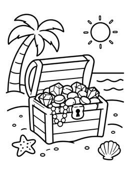Free printable Treasure Chest On Tropical Beach coloring page