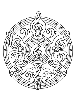 A circular music coloring page featuring swirling treble clefs, bass clefs, and musical staves.
