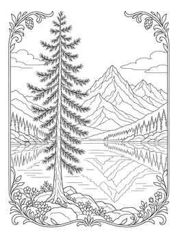A serene alpine lake and pine tree coloring page surrounded by majestic mountain reflections.