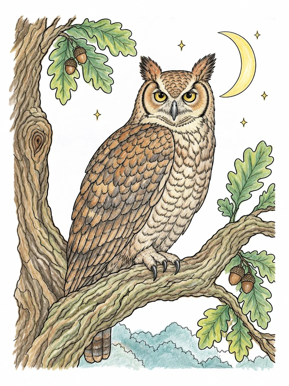 Colored example of the Horned Owl On Oak Branch coloring page