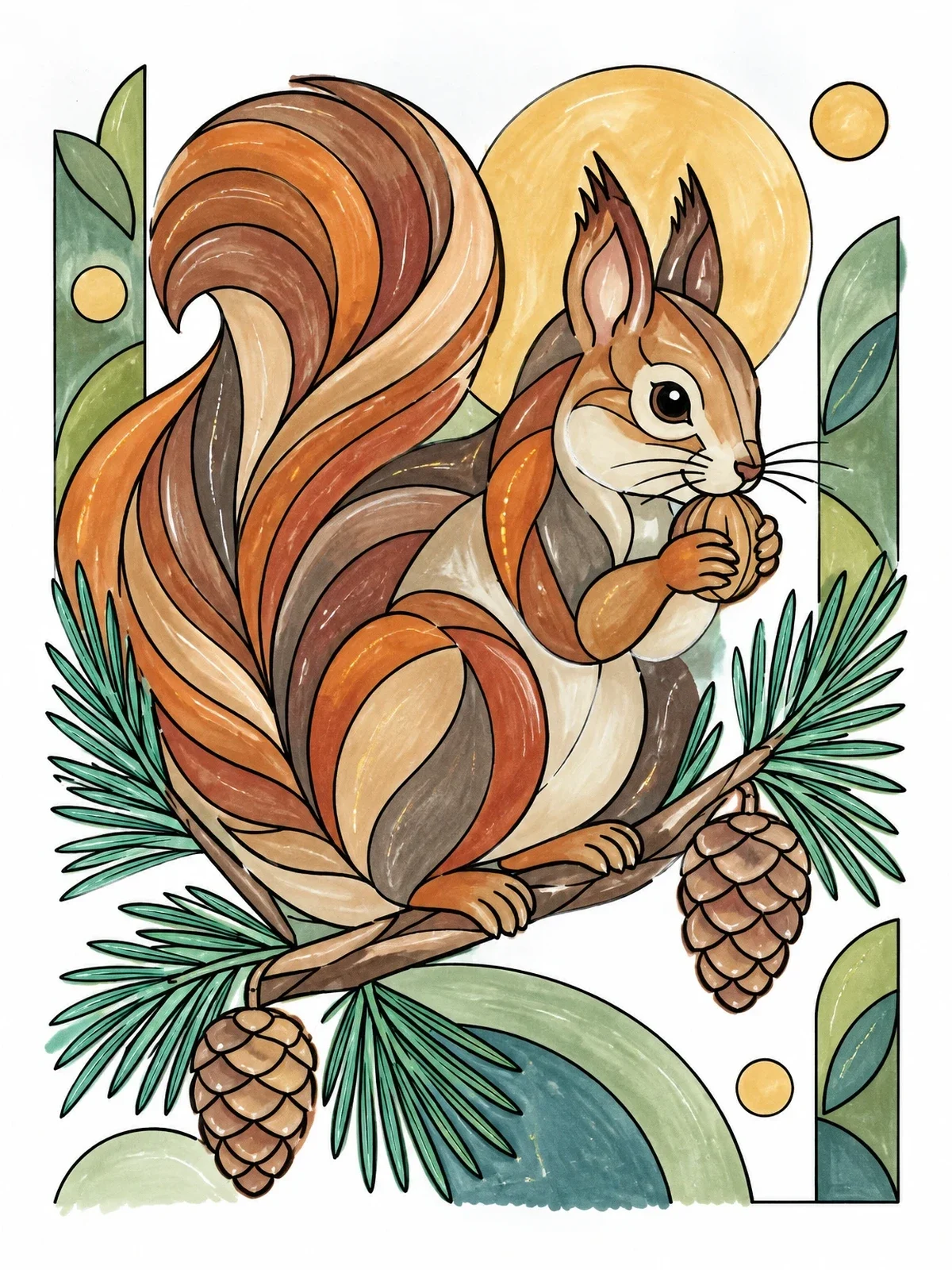 Colored example of the Squirrel On A Pine Branch coloring page