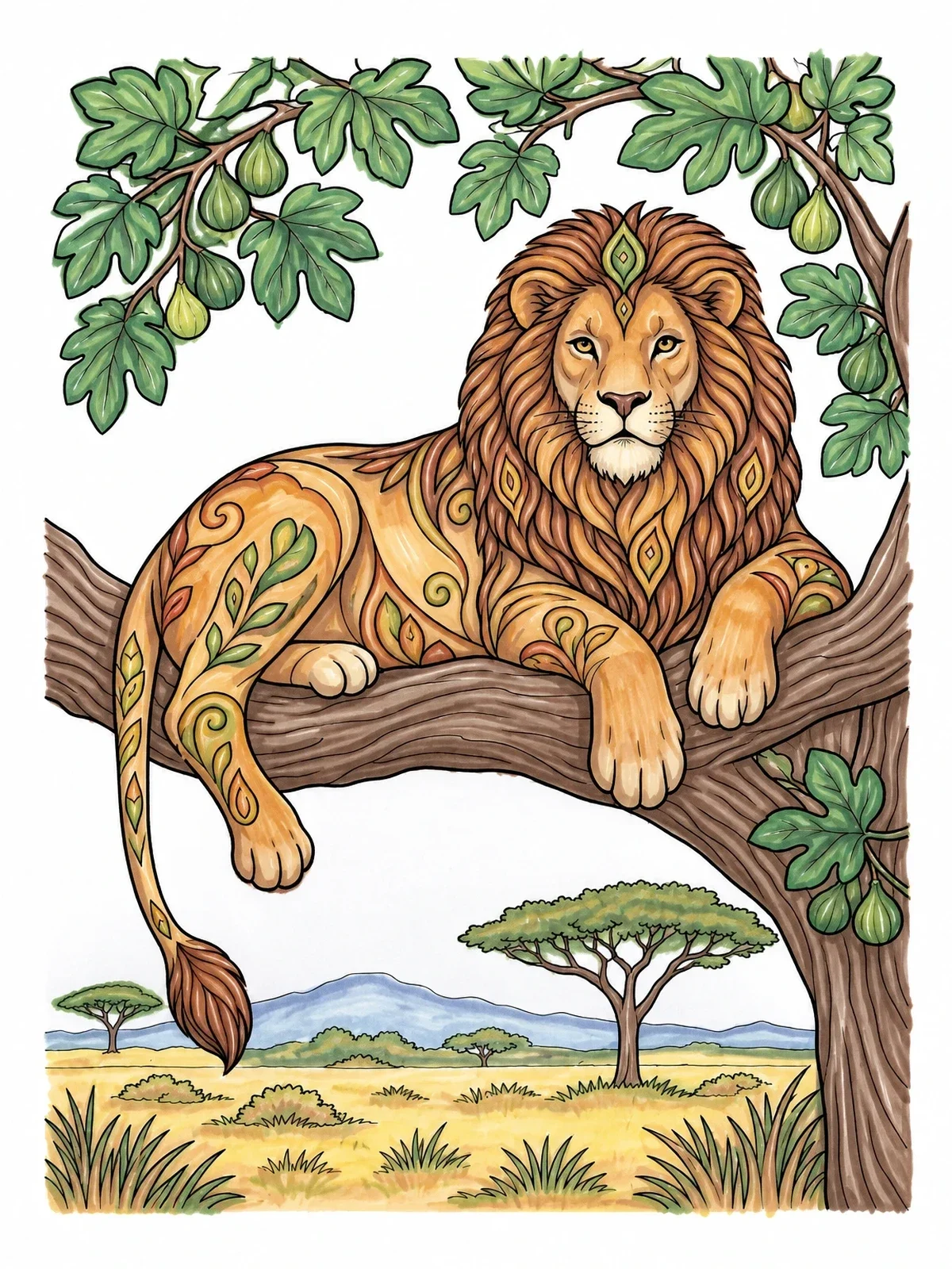Colored example of the Tree Climbing Lion In Fig Tree coloring page