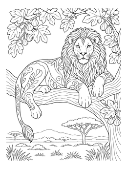 A majestic tree-climbing lion rests on a branch in this uganda coloring page.