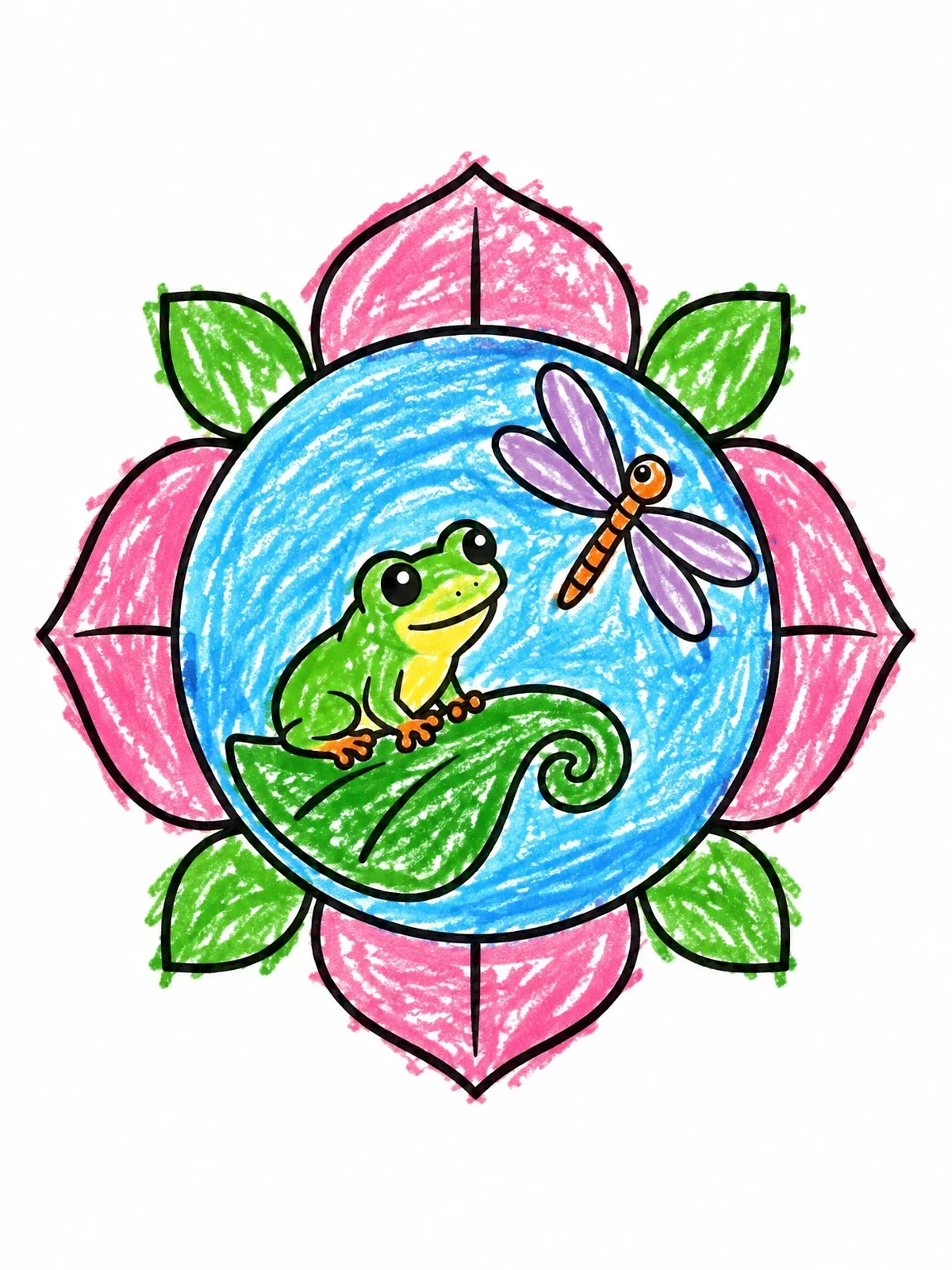 Colored example of the Tree Frog And Dragonfly On Lily Leaf coloring page