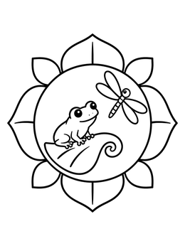 Free printable Tree Frog And Dragonfly On Lily Leaf coloring page