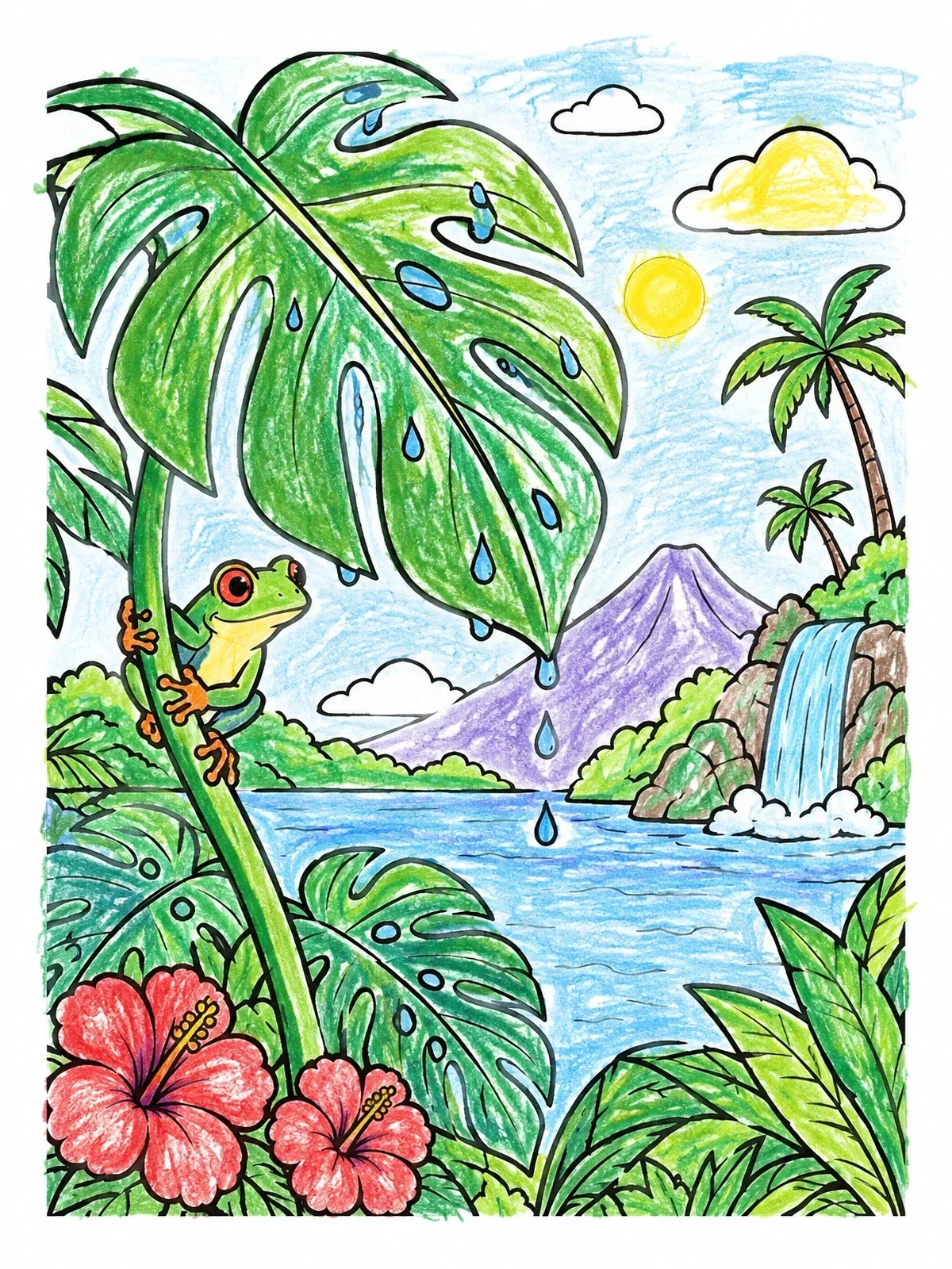 Colored example of the Tree Frog On Monstera Stem coloring page