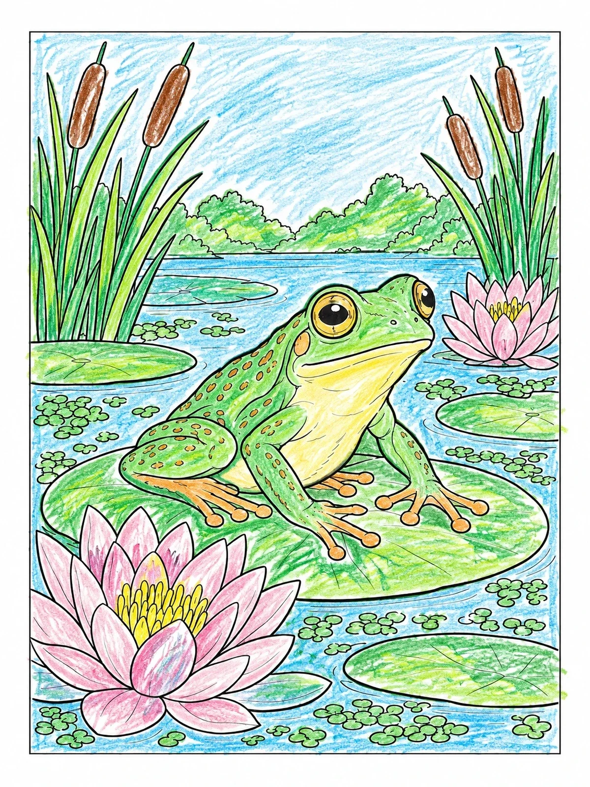 Colored example of the Tree Frog On Pond Lily Pad coloring page
