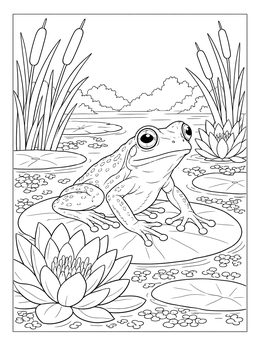 A tree frog sits peacefully on a lily pad in this detailed frog coloring page.