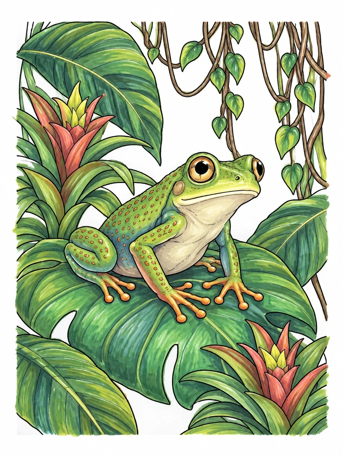 Colored example of the Tree Frog On Rainforest Leaf coloring page