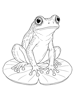 A cheerful tree frog sits on a pad in this frog coloring page.