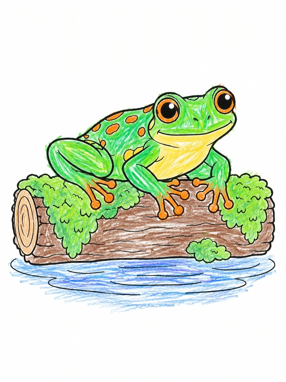 Colored example of the Tree Frog Resting On A Log coloring page