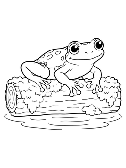 A cheerful frog coloring page showing a tree frog sitting on a mossy log over calm water.