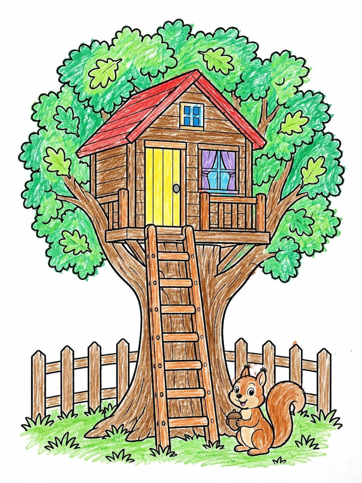Colored example of the Cozy Tree House With Friendly Squirrel coloring page