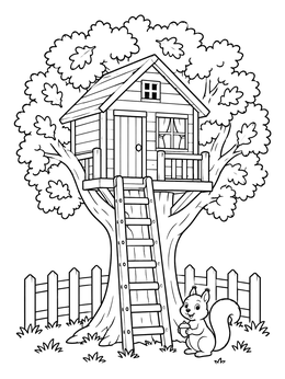 Free printable Cozy Tree House With Friendly Squirrel coloring page
