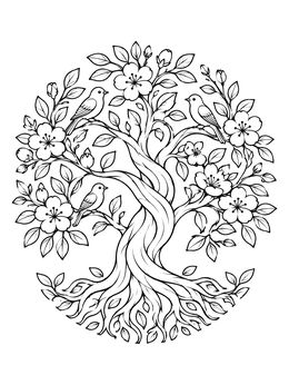 A tree of life coloring page featuring twisted branches, blooming flowers, spreading roots, and perched songbirds.