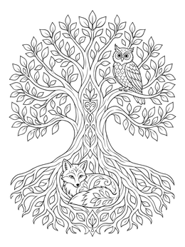 An owl perches on a branch and a fox rests among roots in this tree of life coloring page.