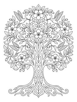 A detailed tree of life coloring page featuring four hummingbirds drinking from blossoms.