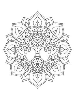 Intricate tree of life coloring page surrounded by blooming lotus petals in a round mandala.