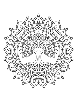A decorative tree of life coloring page framed inside ornate floral mandala circles.