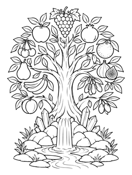 Tree of life with diverse fruits and water in this revelation coloring page.