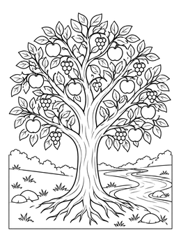 A lush fruit tree stands near a flowing river in this revelation coloring page.