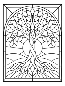 A tree of life motif inside an arched stained glass coloring page frame.
