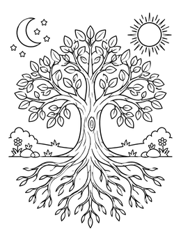 A tree of life coloring page featuring sprawling roots, lush leaves, a crescent moon, and a radiant sun.