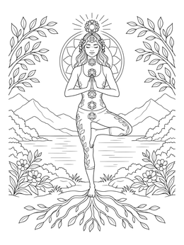 A woman in tree pose with glowing energy symbols on this tranquil chakra coloring page.