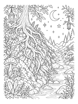 Intricate tree coloring page showing exposed roots along a night riverbank with crystals and lanterns.