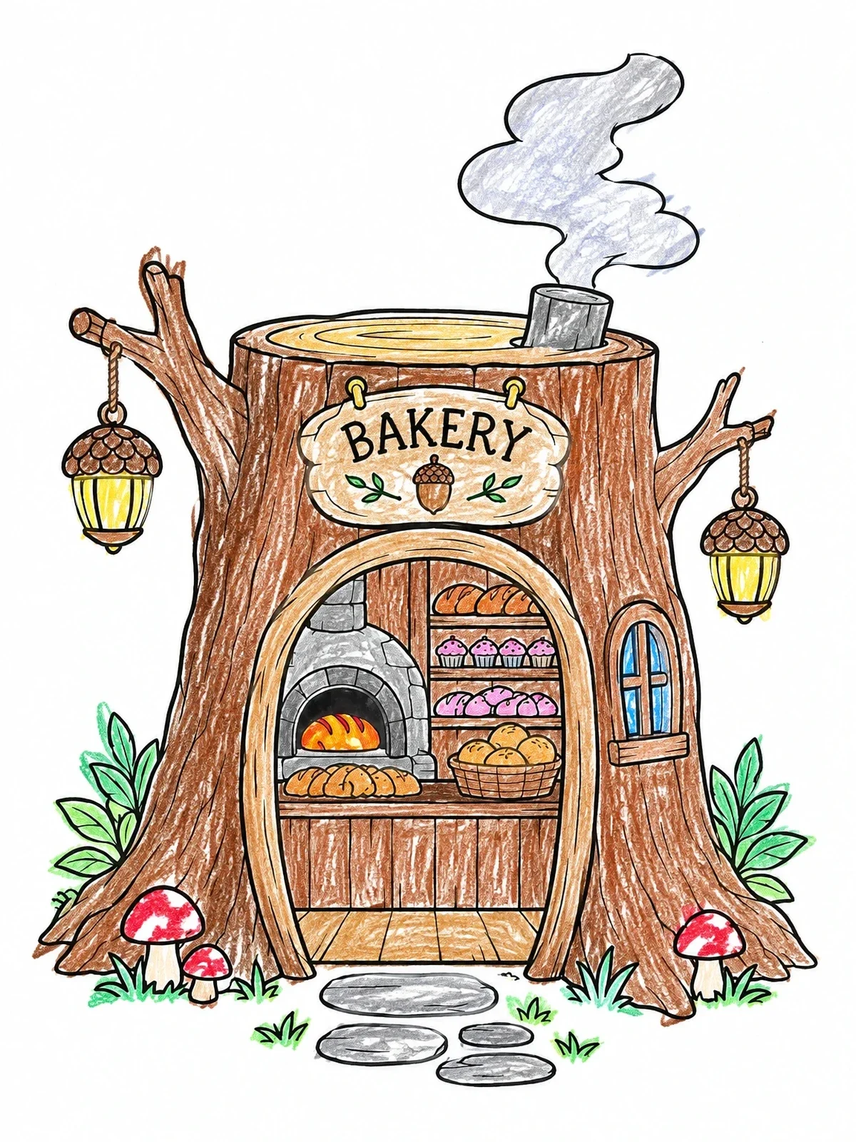 Colored example of the Cozy Tree Stump Bakery coloring page