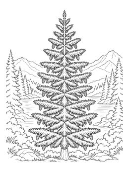 A detailed tree coloring page of a symmetrical fir tree with pine cones before a mountain lake.