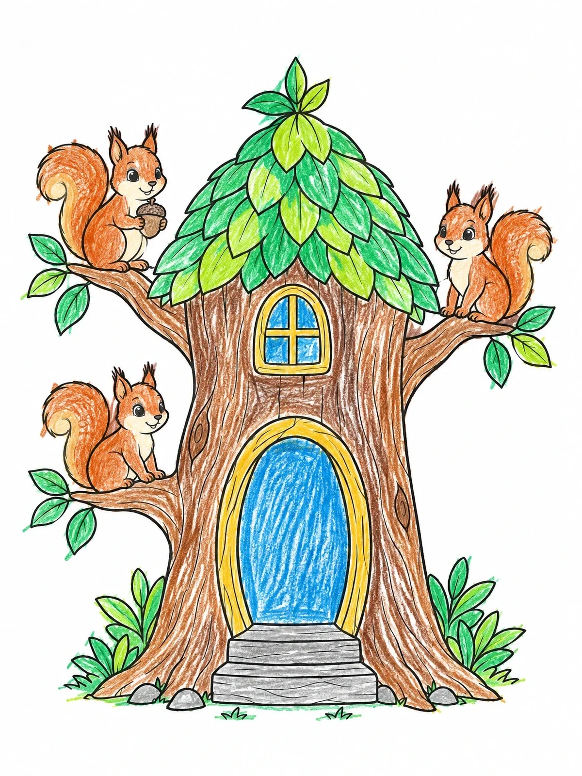 Colored example of the Tree Trunk Playhouse With Squirrels coloring page