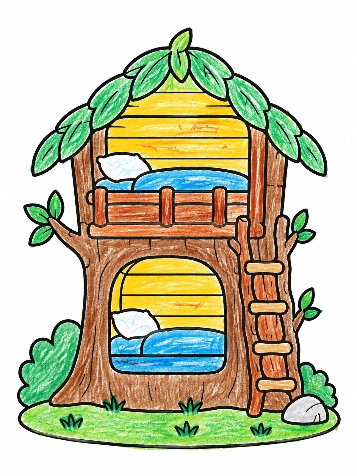 Colored example of the Cozy Treehouse Bunk Bed coloring page