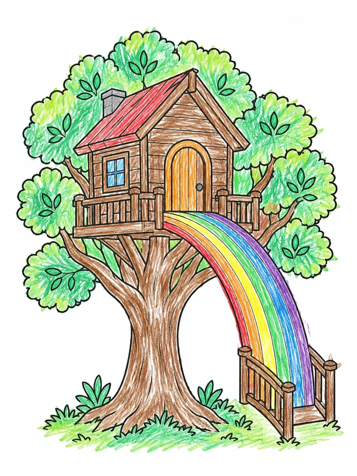 Colored example of the Treehouse With Rainbow Slide Bridge coloring page