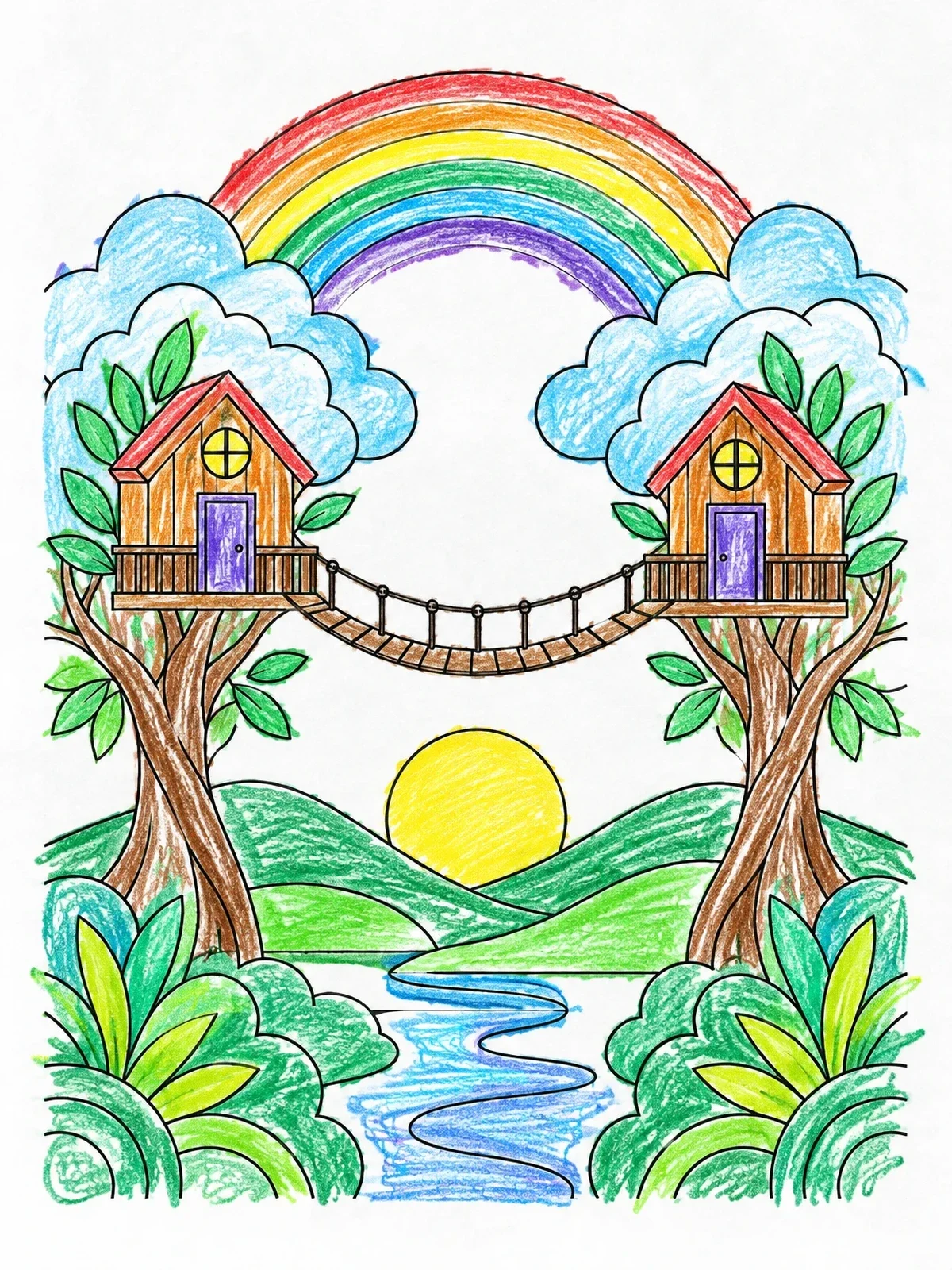 Colored example of the Treehouses Bridge Under Rainbow coloring page
