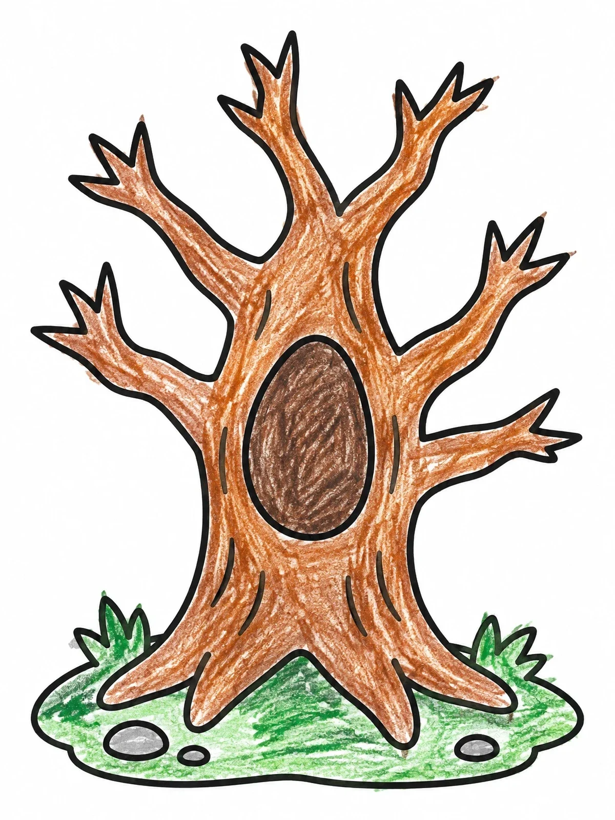 Colored example of the Spooky Bare Tree With Hollow Trunk coloring page