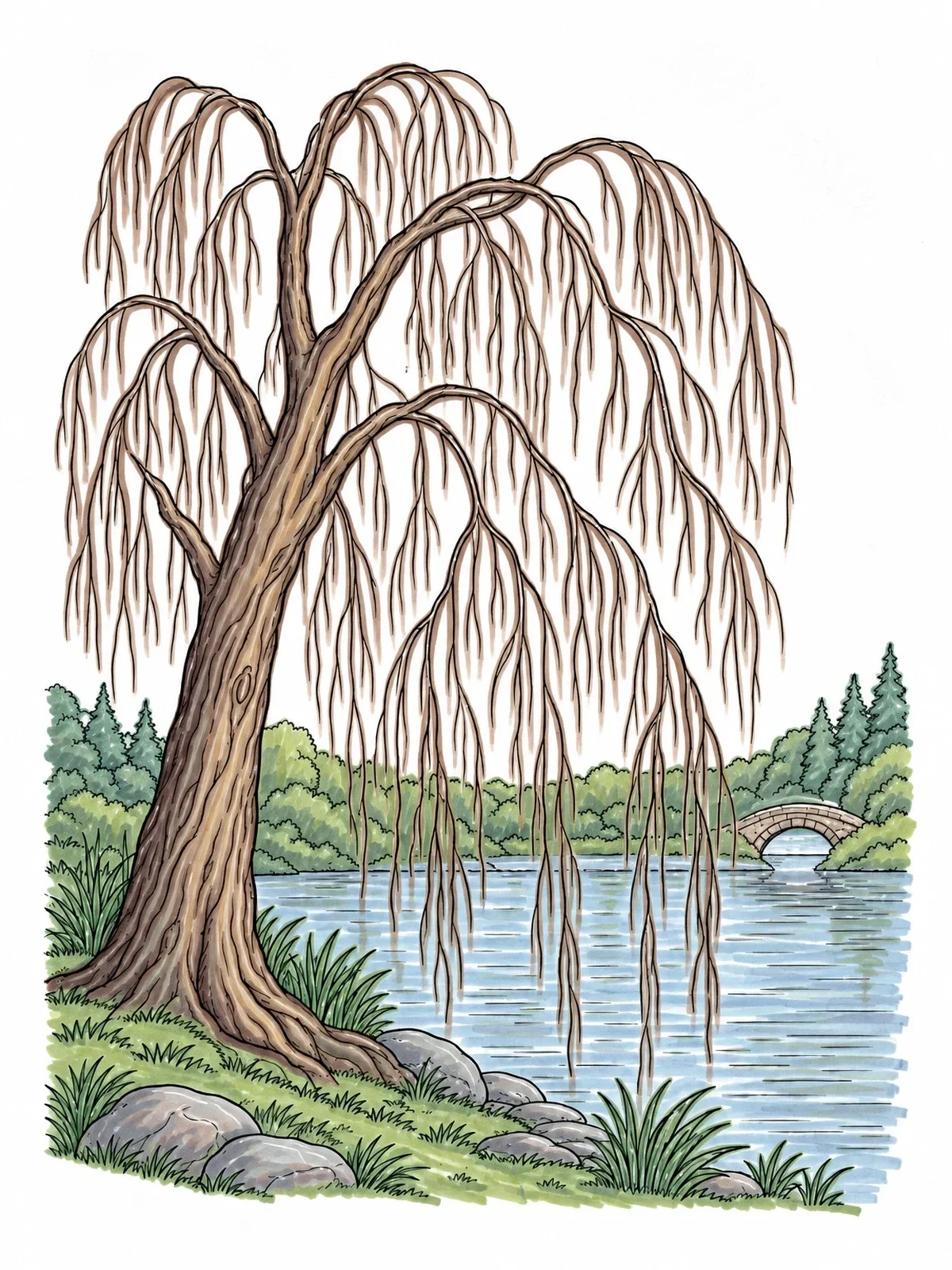 Colored example of the Leafless Weeping Willow By The River coloring page