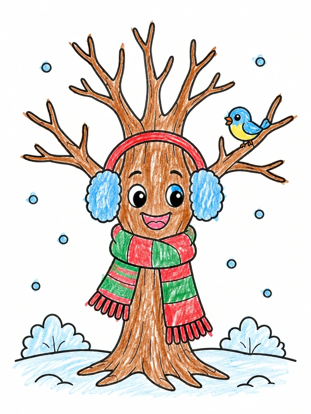 Colored example of the Cozy Winter Tree With Scarf coloring page