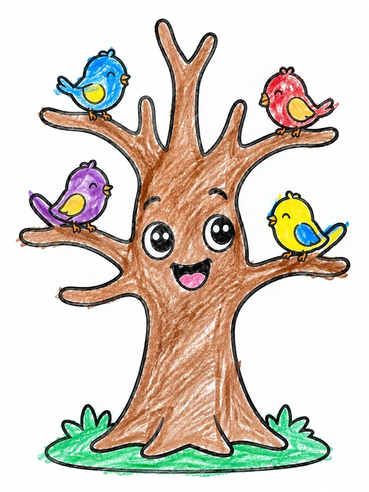 Colored example of the Happy Bare Tree With Little Birds coloring page