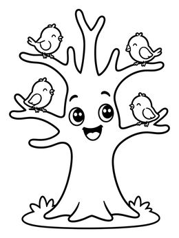 Free printable Happy Bare Tree With Little Birds coloring page