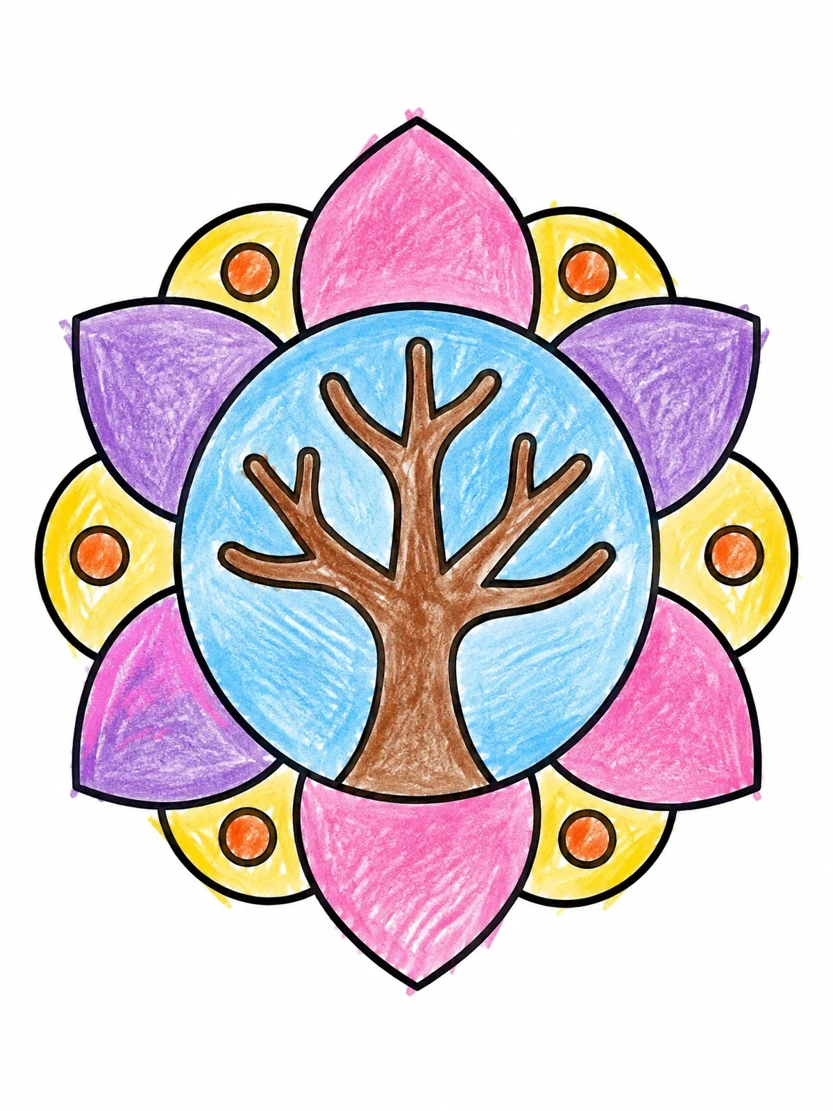 Colored example of the Simple Bare Tree Mandala Design coloring page