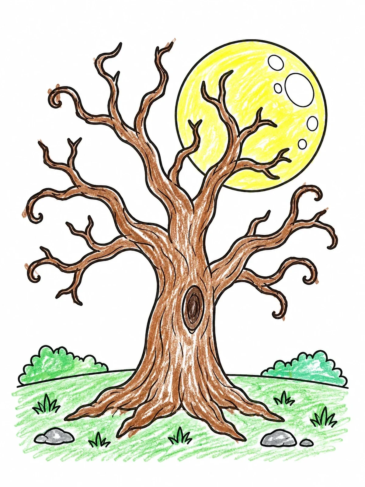 Colored example of the Spooky Bare Tree And Full Moon coloring page