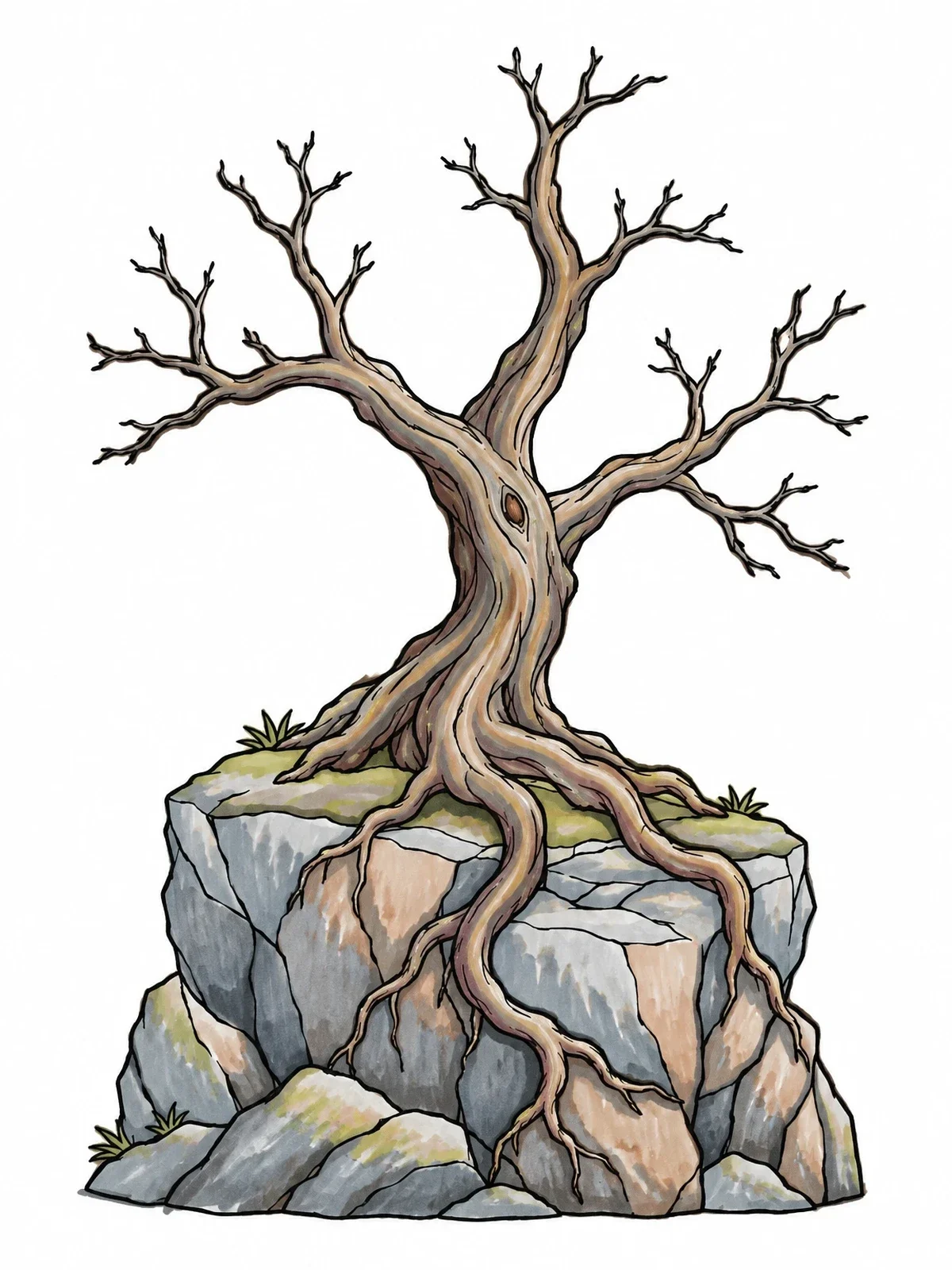 Colored example of the Weathered Bare Tree On Rocky Cliff coloring page