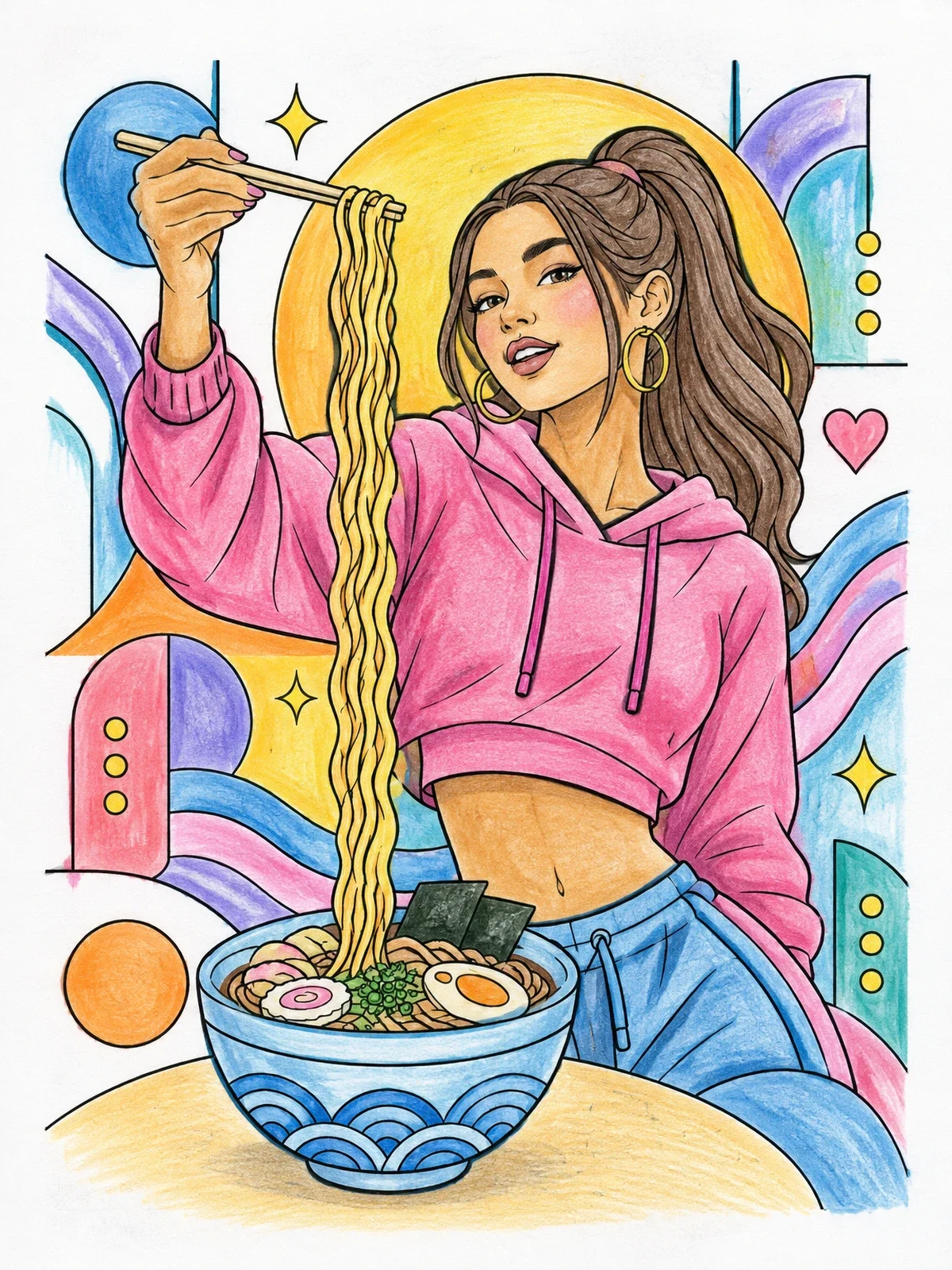 Colored example of the Trendy Girl Lifting Ramen Noodles coloring page