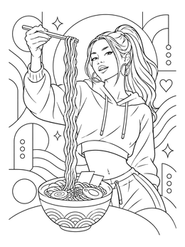 A stylish young woman lifting long noodles above a bowl in this ramen coloring page.