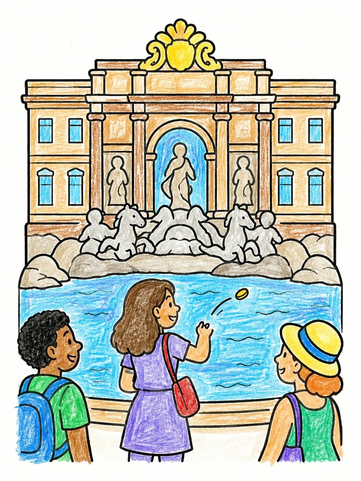 Colored example of the Tossing A Coin Into Trevi Fountain coloring page