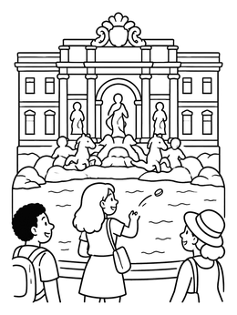Free printable Tossing A Coin Into Trevi Fountain coloring page