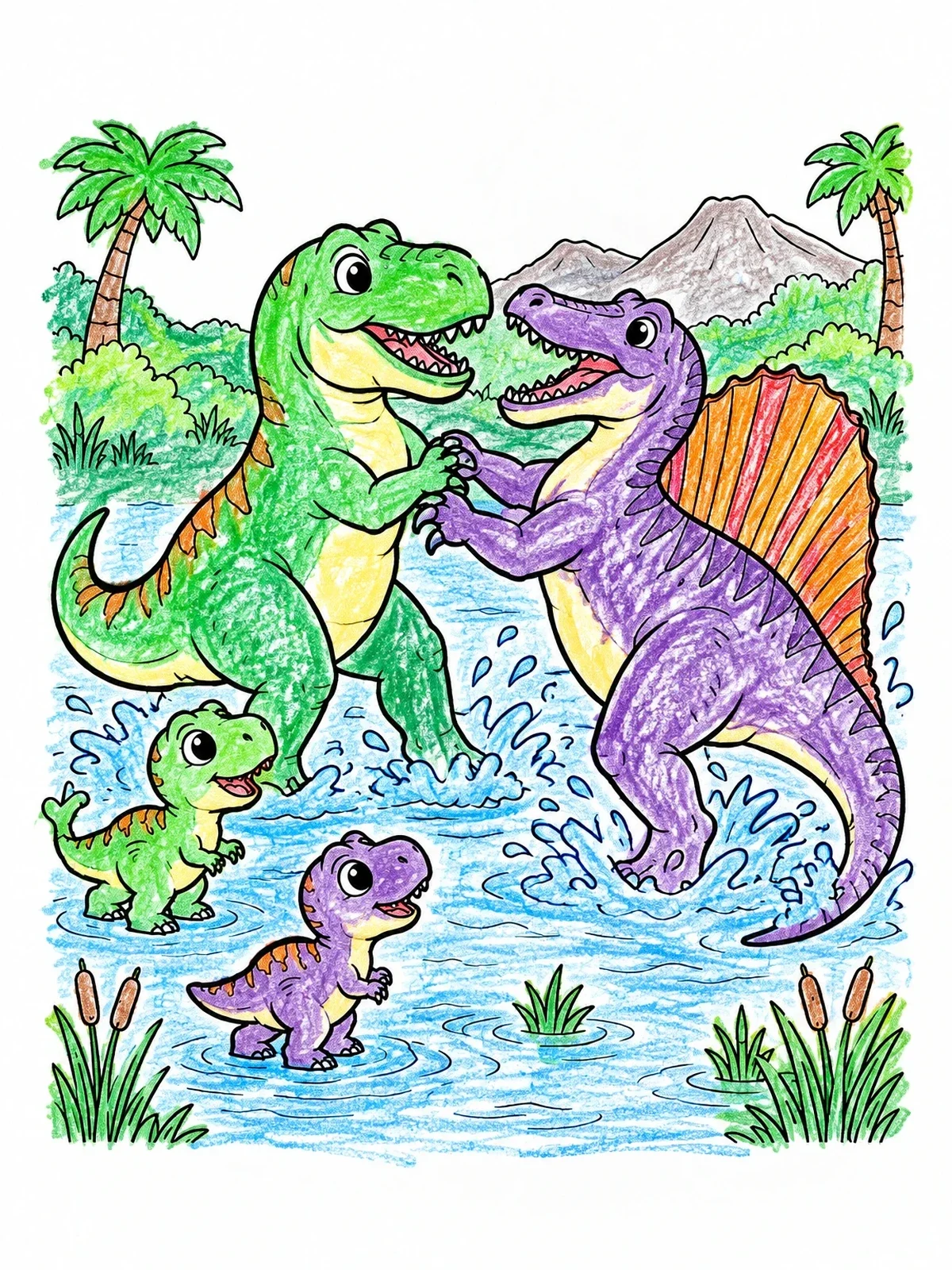 Colored example of the T Rex And Spinosaurus Playing In Water coloring page